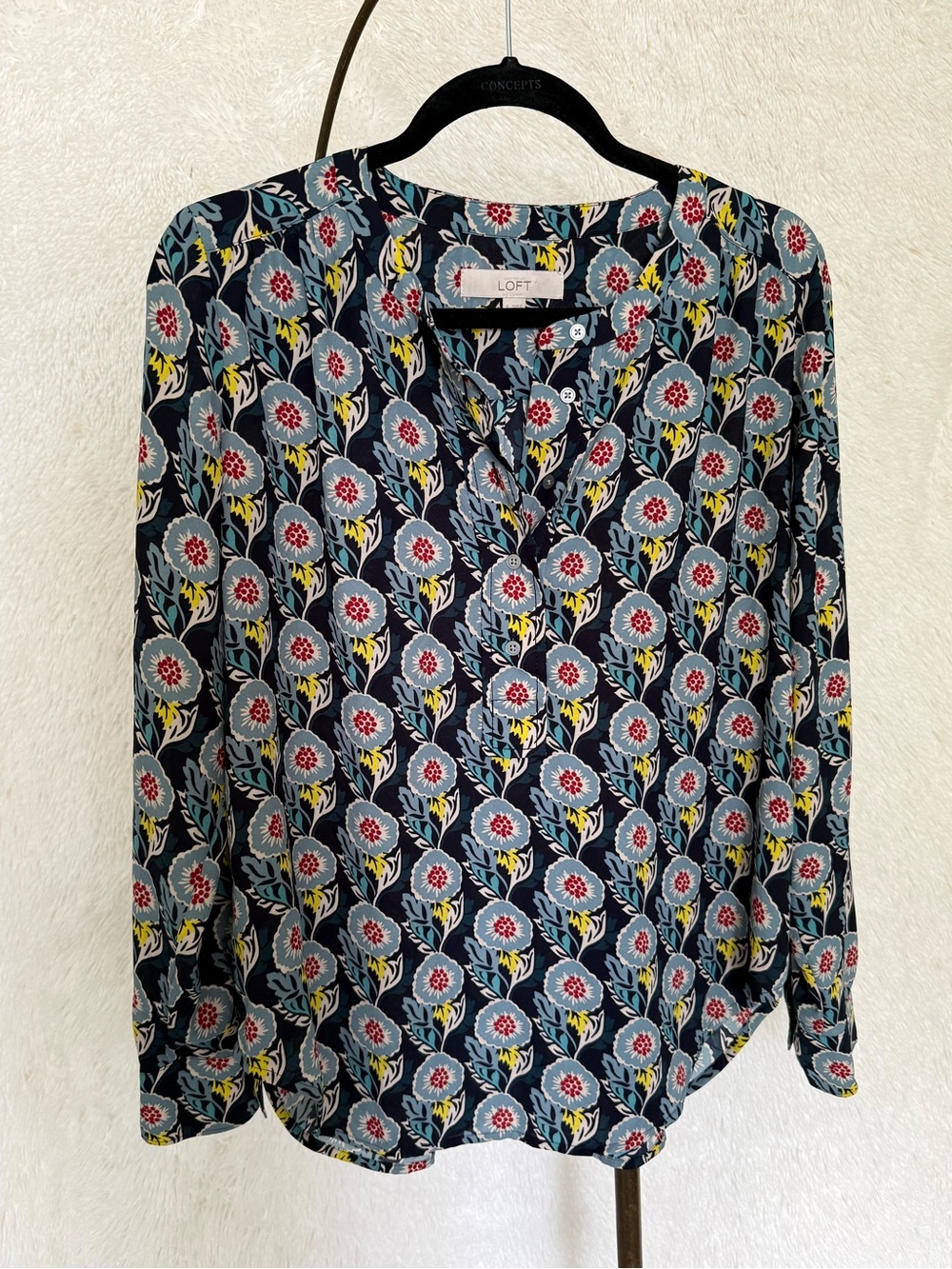 LOFT Navy Floral Button-Front Blouse with Red & Yellow Accents (S)